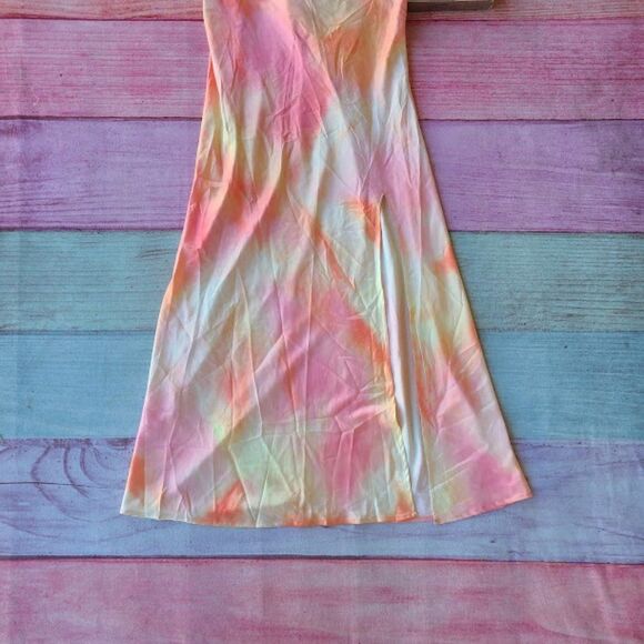 Princess Polly Pink Carsa Tie Dye Satin Tie Strap Midi High Slit Slip Dress 12US - Picture 9 of 12